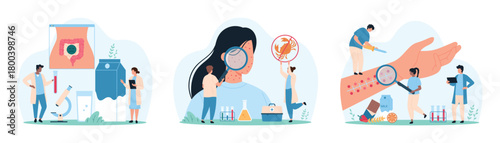 Diagnostics and symptoms of food allergy set. Tiny people check allergic reaction on big human hand skin of patient, examine patients skin rash through magnifying glass cartoon vector illustration