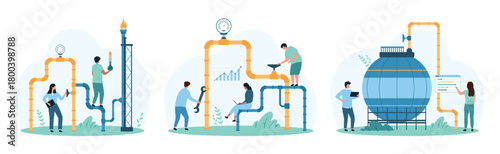 Gas station inspection, engineering set. Tiny people control gas flow and storage with chart and settings, engineers check safety of container, pipe and valve for leaks cartoon vector illustration