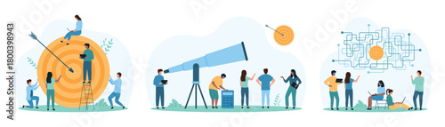Vision for future business growth, solving complex problems and goal achievement set. Tiny people explore horizon in search of target, find way in opportunity maze cartoon vector illustration