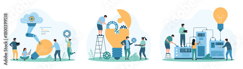 New tech solution, innovation development and optimization set. Tiny people construct light bulb with robotic arm and cloud services help, work with factory lab machine cartoon vector illustration