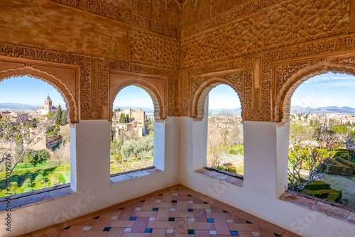 View of Alhambra palace and gardens seen from Generalife, Granada, Spain