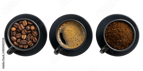Three black coffee cups showing coffee beans, ground coffee, and brewed coffee 