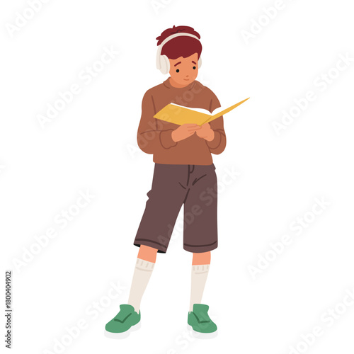 Full-length isolated portrait with cute smart boy student reading paper textbook enjoying education