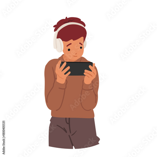 Cute little boy child cartoon character reading book using mobile phone and headphones portrait