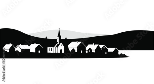 Serene village silhouette against rolling hills under a bright sky