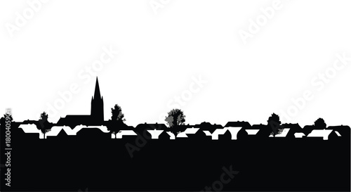 Peaceful village skyline silhouette with church steeple and trees under a clear sky