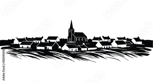 Charming village skyline with a prominent church steeple set against a stylized grassy landscape.