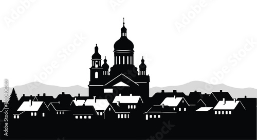 Serene silhouette of a historic European town with a prominent domed church under a hazy sky.
