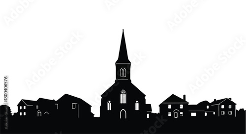 Silhouette of a quaint village skyline with a prominent church steeple against a bright white background.