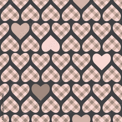 Heart shape geometric seamless pattern. Objects with a plaid ornament. Pink, beige, grey colors. Background or texture for printing on fabric and paper. Vector design for textile, wallpaper,cover.