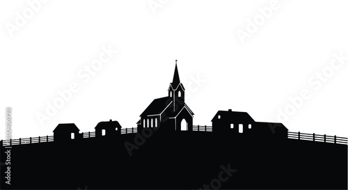 Serene village silhouette against a bright sky, featuring a church and homes.