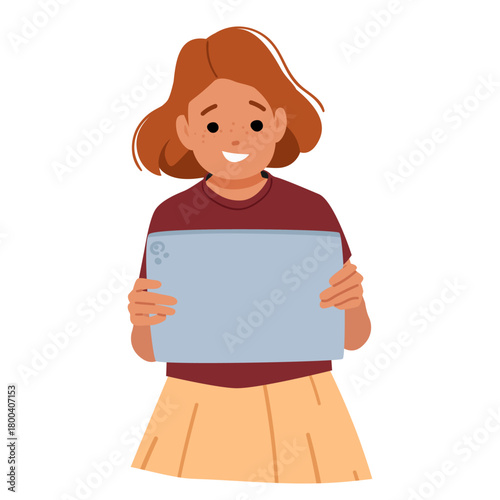 Smart schoolgirl cartoon character reading digital book on mobile tablet isolated on white