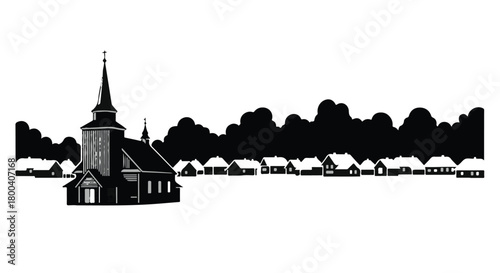 Serene village scene with a prominent church and distant silhouette of trees under a clear sky.