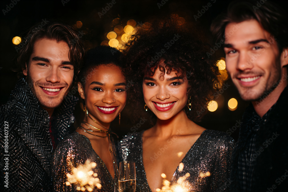 Fototapeta premium Group of diverse friends celebrating New Year's Eve with sparkling drinks, wearing festive attire, surrounded by twinkling lights and joyful atmosphere, capturing the essence of celebration