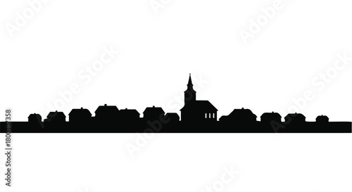 Silhouette of a charming town skyline with a church spire against a white background.