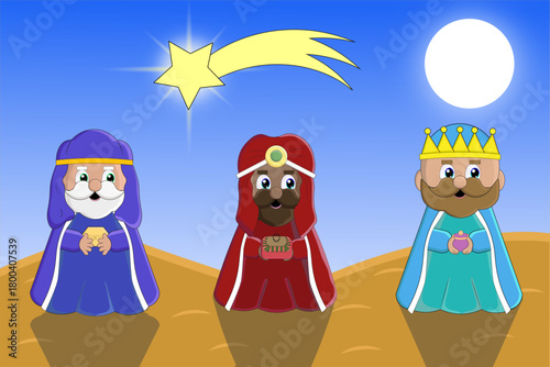 Design of the three wise men on their way to the Nativity scene