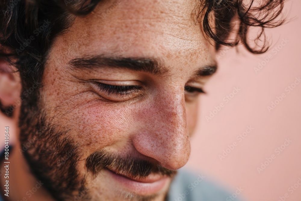 Fototapeta premium Smiling young man with beard on peach background