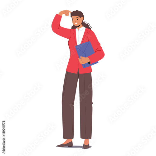 Thoughtful businesswoman cartoon character wearing formal suit holding folder isolated on white