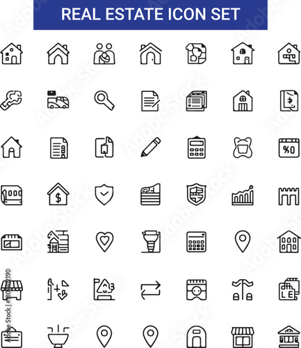 Real estate outline icon set. Containing House, building, rent, property, mortgage, renovation, home loan and more
