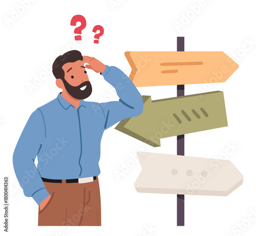 Businessman character scratching head thinking hard looking confused standing before roadsign pole