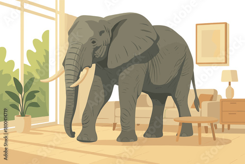 A huge gray elephant strolls through a pristine, sunlit living room, forming a dreamlike fusion of wildlife and sophisticated contemporary interior design