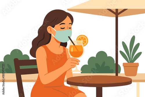 On the summer terrace of the cafe, the girl in a mask drinks a cocktail