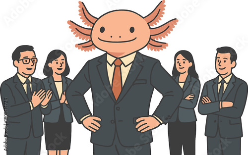 A y axolotl, dressed in a sharp business suit, strides confidently through a busy corporate office, surrounded by amazed human colleagues