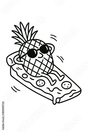 A clean black‑and‑white line illustration of a pineapple sunbathing on a pizza slice, featuring slightly hand‑drawn strokes, gentle motion lines, and absurd tropical surrealism, all rendered simply