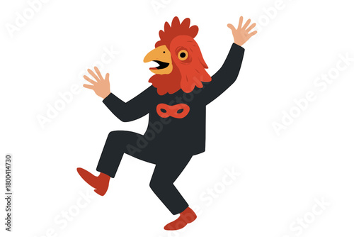 A freak in a chicken mask dances at a masquerade, reveling in an absurd carnival while enjoying a costume party with a weird mask on his head