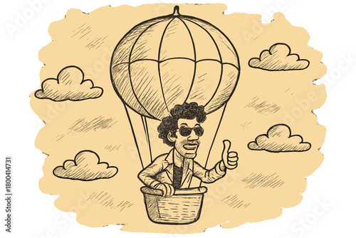 Sketch of a funky man flying an air balloon aerostat, isolated against a painted backdrop