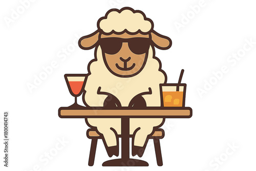 A sheep perched at a table wearing sunglasses and sipping drinks