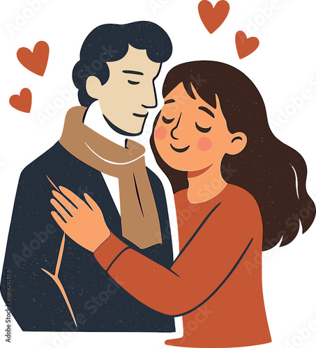 A composite collage photo artwork featuring a young, content sweetheart girl, embracing a love story character, idyllic and isolated against a pink backdrop