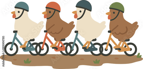 Chickens on small bicycles, helmeted, travel along a dirt road