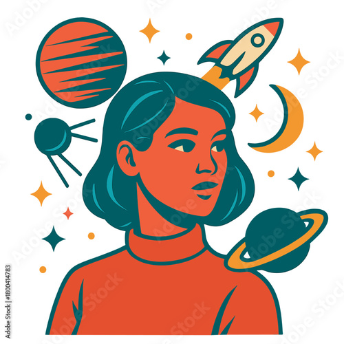 A  image of a young woman set against a retro‑futuristic background with space collage elements