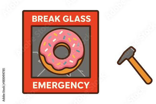 A pink frosted donut appears from a red “SUEAK-GLASS EMERGENCY” box, with a hammer nearby