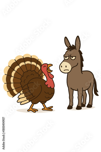 A comical scene shows a turkey puffing out its feathers into a dazzling display, fanning its tail, and strutting proudly right in front of a completely unimpressed donkey