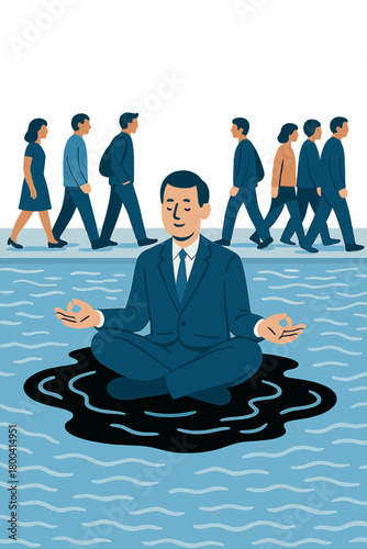 In an urban flood, the absurd puddle‑sitting ritual embraces digital liquid simplicity amid a waterblack pool, suitblue contrast on a crowded sidewalk