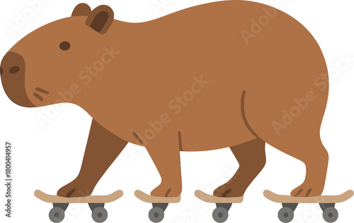 A flat vector illustration of a large brown capybara calmly walking on four tiny skateboards