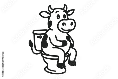 Monochrome cartoon illustration of a cow sitting on a toilet, isolated on a white background