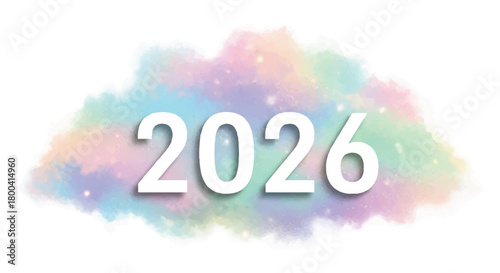 Pastel watercolor splash with the year 2026 in soft white lettering over an airy, abstract background.