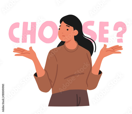 Confused pensive woman standing front of symbolic choice doubting, deciding, setting priorities