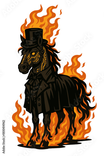 A cyberpunk gypsy horse ablaze, wearing gothic attire and a black cylinder hat, created by a neural network; a digitally generated image not derived from any real scene or pattern