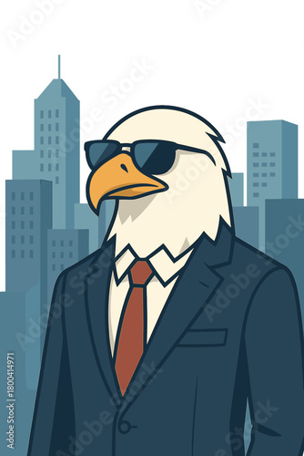A bald eagle wearing sunglasses and a suit walks through the city, exuding a business style