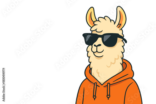 A creative individual, a llama in a hoodie, and sunglasses set against a yellow backdrop, leaving room for text on a postcard