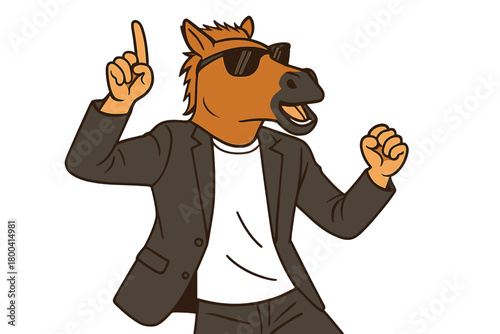 Portrait of an odd man wearing a T‑shirt, suit jacket, a comical horse mask, and sunglasses, dancing and having fun alone on a beige background, capturing a concept of fun, party, and humor