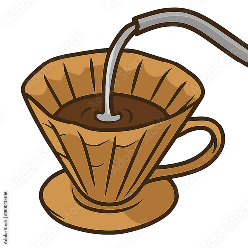 A close-up of pouring water from above to brew coffee on brown paper, featuring a bizarre spiral of cup-shaped filters crafted from paper for pouring hot coffee into them in an urban setting