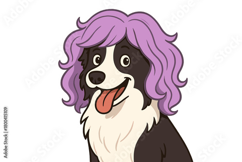 A border collie wearing a playful lilac wig stands alone on a yellow background, while a puppy in a pink wig appears at a festive event, the pet in a muzzle displays emotions, illustrating grooming