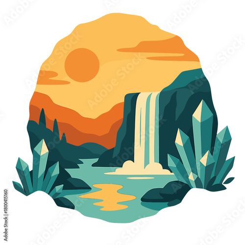 At sunset, a cave entrance unveils a waterfall and crystal formations