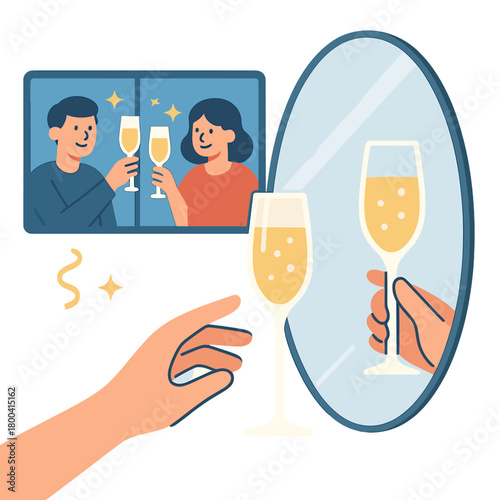 A hand extends toward a champagne glass mirrored in a reflective surface, while virtual companions toast against a festive backdrop