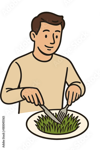 A man with a fork and knife cuts into a plate of grass